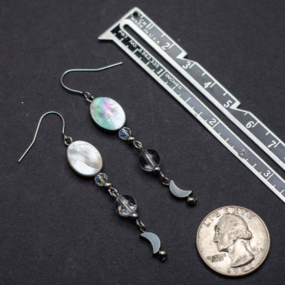 Black Shell, Fire & Ice Quartz, and Hematite Moon Earrings