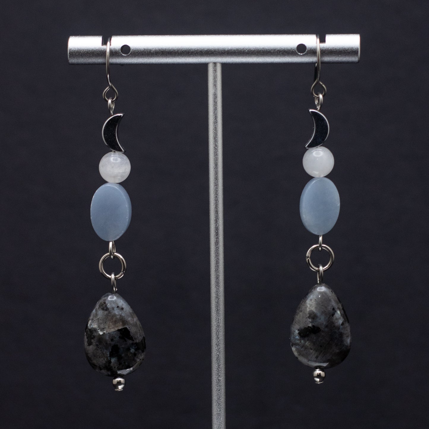 Larvikite, Angelite, Blue Moonstone & Hematite Moon Earrings
