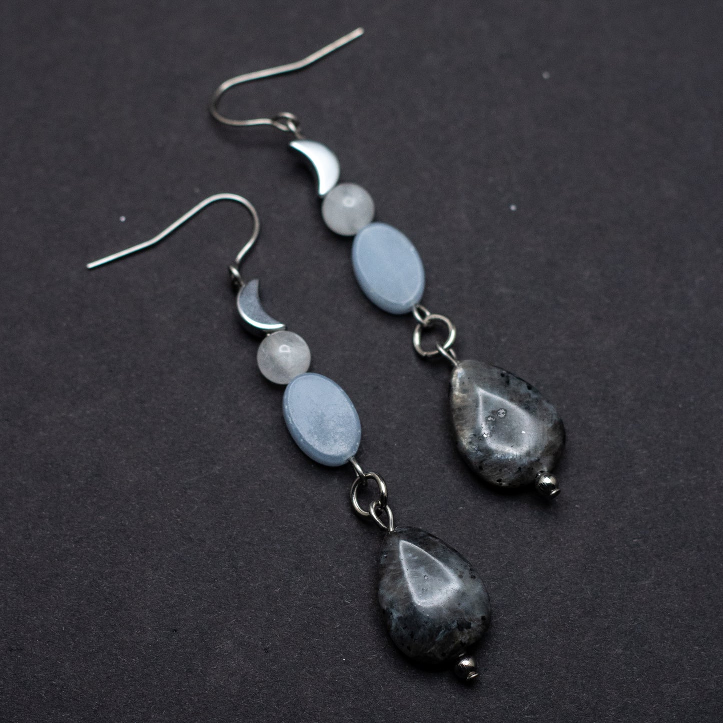 Larvikite, Angelite, Blue Moonstone & Hematite Moon Earrings