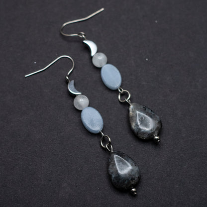 Larvikite, Angelite, Blue Moonstone & Hematite Moon Earrings