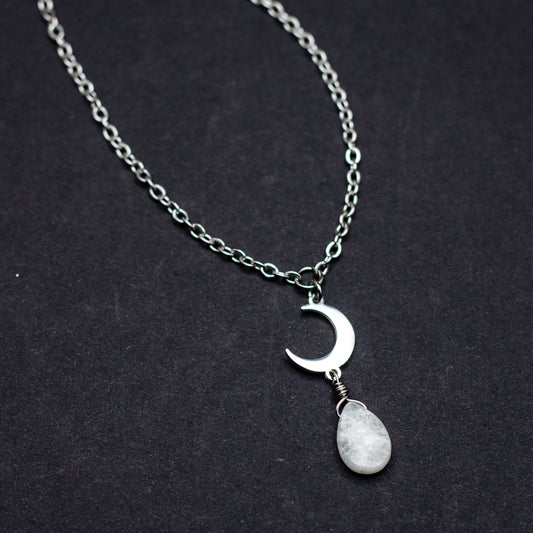Blue Moonstone & Crescent Moon Necklace