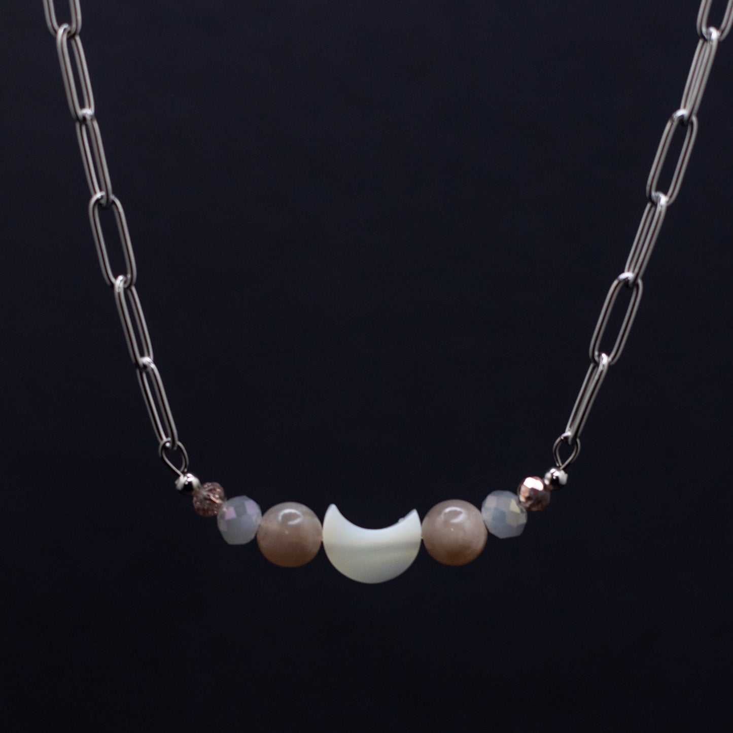 Mother of Pearl & Moonstone Crescent Moon Bar Necklace