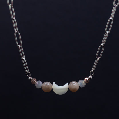 Mother of Pearl & Moonstone Crescent Moon Bar Necklace