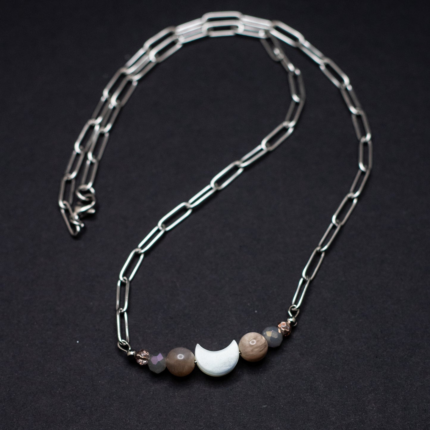 Mother of Pearl & Moonstone Crescent Moon Bar Necklace