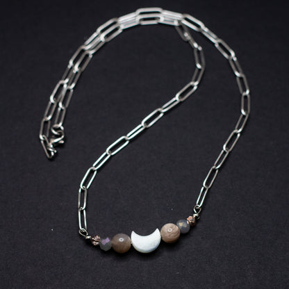 Mother of Pearl & Moonstone Crescent Moon Bar Necklace