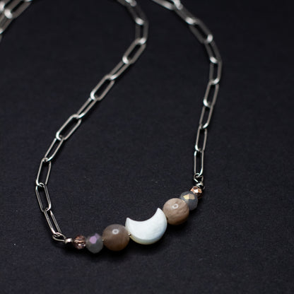 Mother of Pearl & Moonstone Crescent Moon Bar Necklace