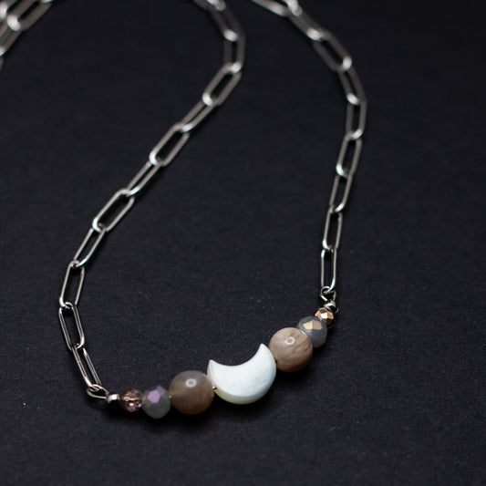 Mother of Pearl & Moonstone Crescent Moon Bar Necklace