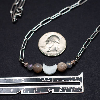 Mother of Pearl & Moonstone Crescent Moon Bar Necklace