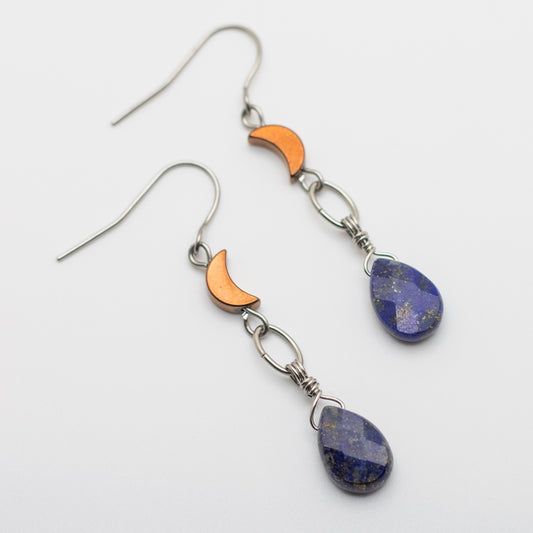 Lapis Lazuli & Bronze Hematite Moon Earrings
