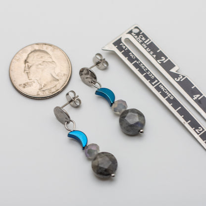 Labradorite & Blue Hematite Moon Earrings