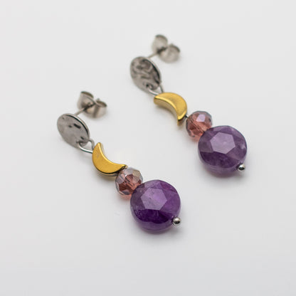 Amethyst & Gold Hematite Moon Earrings