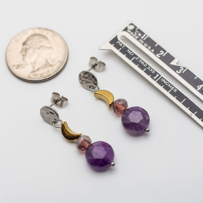 Amethyst & Gold Hematite Moon Earrings