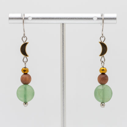 Green Aventurine, Sandalwood & Hematite Moon Earrings