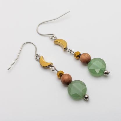 Green Aventurine, Sandalwood & Hematite Moon Earrings