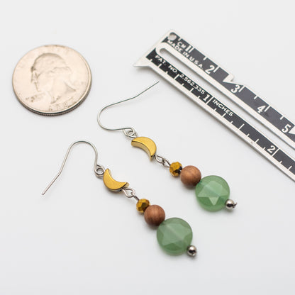 Green Aventurine, Sandalwood & Hematite Moon Earrings