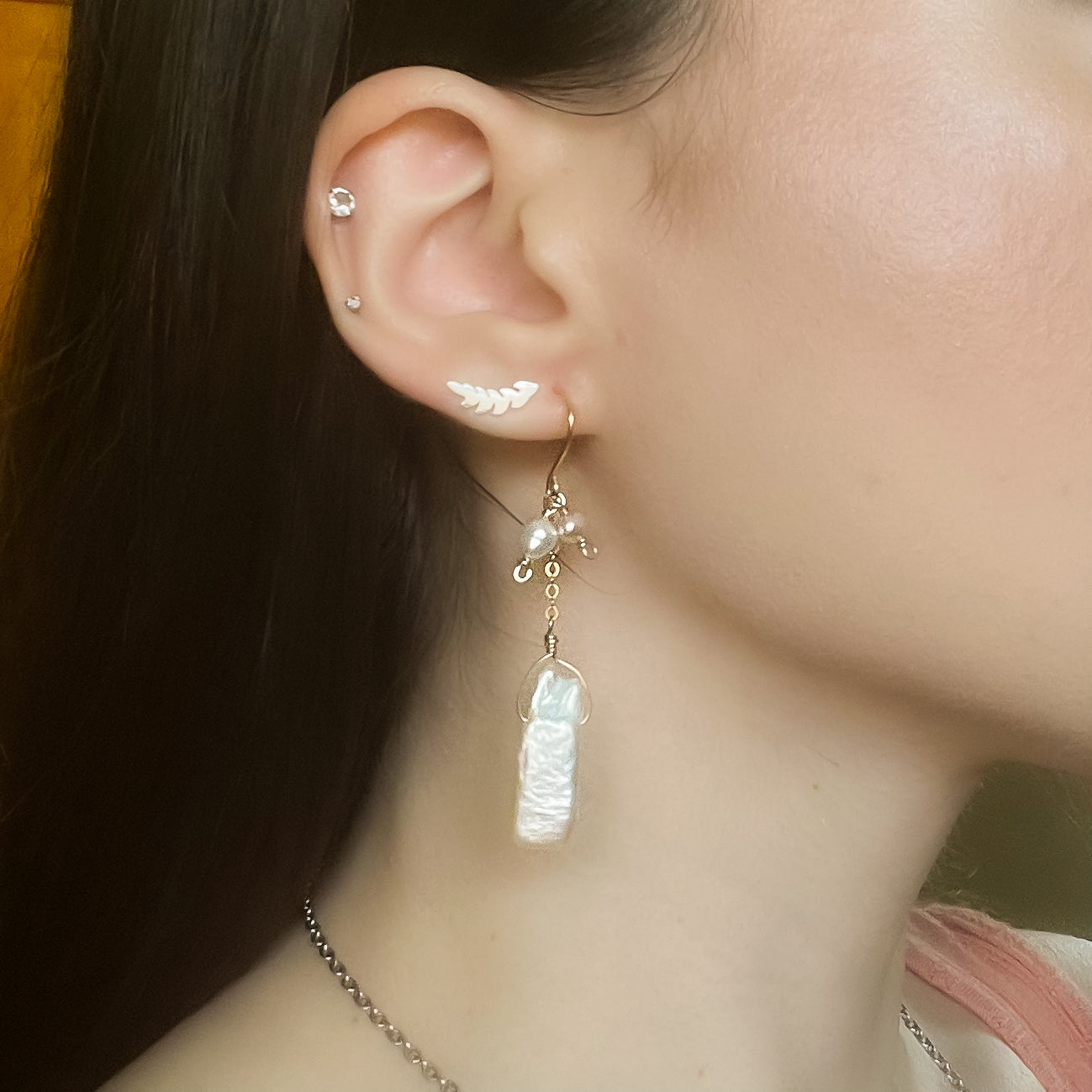 Keshi Pearl Charm Earrings (14K Gold Filled)