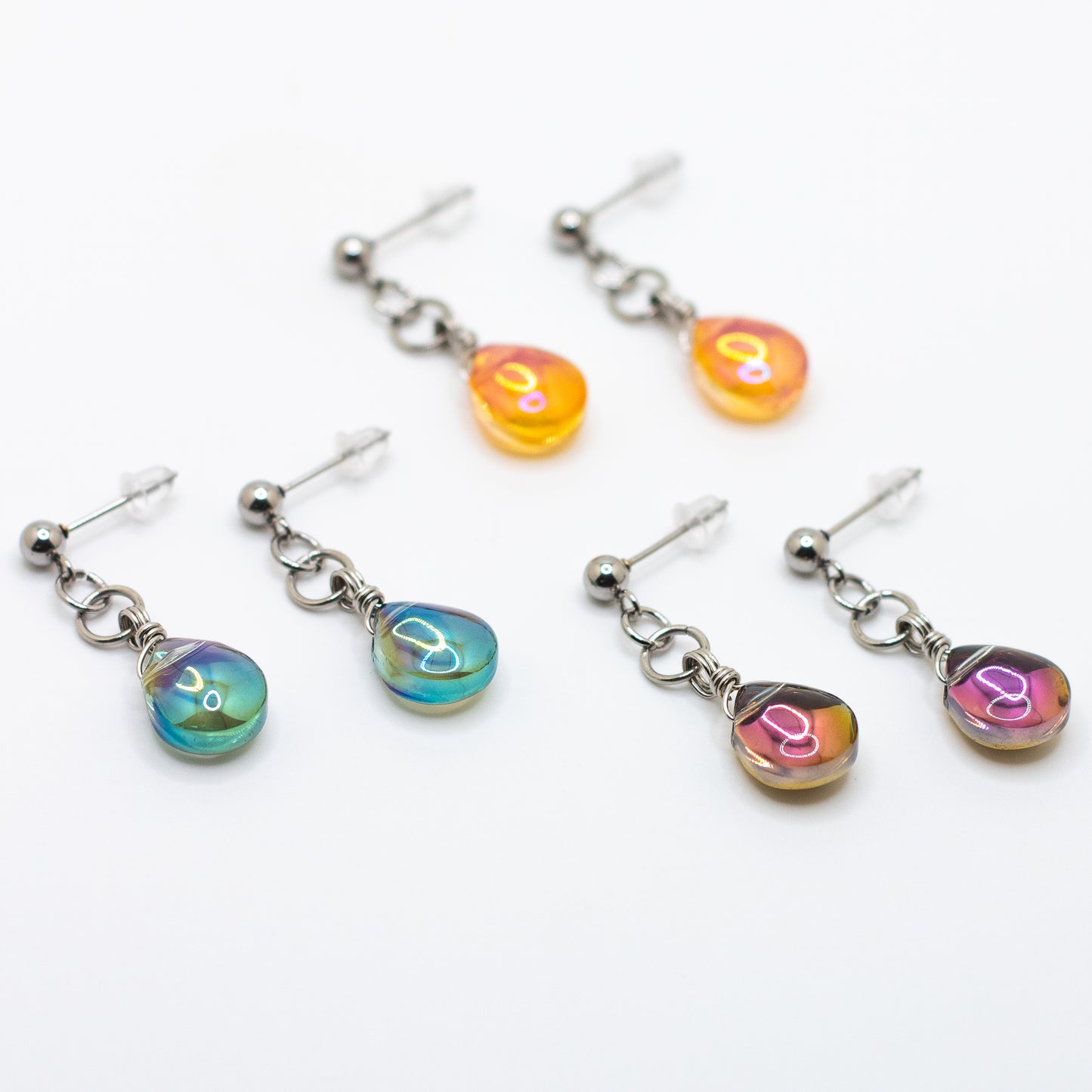 Iridescent Glass Teardrop Stud-Base Earrings