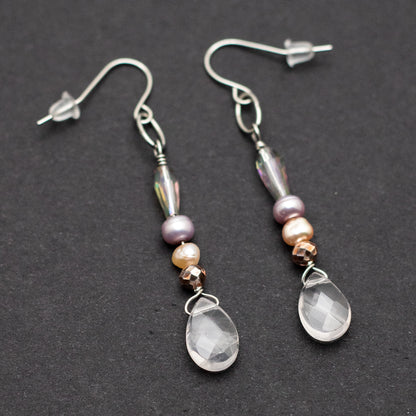 Rose Quartz & Colored Pearl Earrings