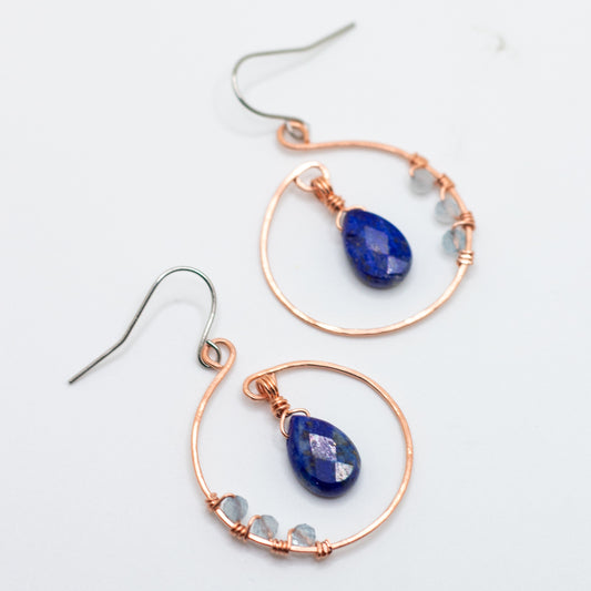 Copper Hoop Earrings with Lapis Lazuli & Aquamarine