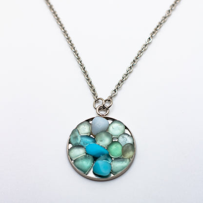 Lake Erie Shades of Blue Beach Glass Mosaic Necklace – Teal, Aqua & Milk Glass