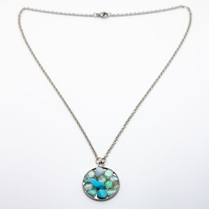 Lake Erie Shades of Blue Beach Glass Mosaic Necklace – Teal, Aqua & Milk Glass