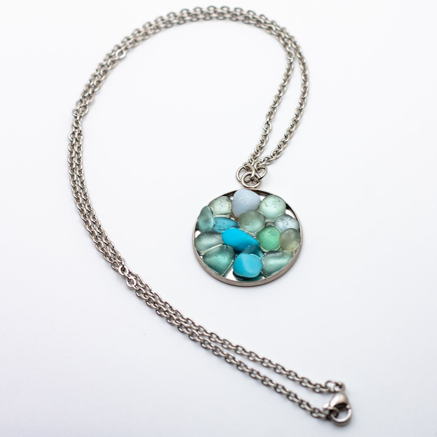 Lake Erie Shades of Blue Beach Glass Mosaic Necklace – Teal, Aqua & Milk Glass