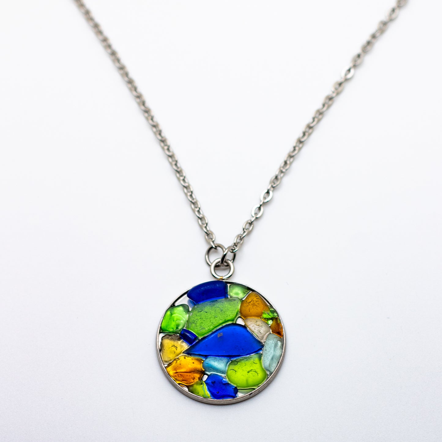 Lake Erie Beach Glass Mosaic Necklace – Cobalt, Green, Amber & Aqua