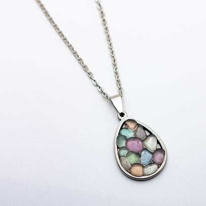 Nova Scotian Pastel Beach Glass Teardrop Mosaic Necklace – Lavender, Seafoam, Aqua, Cornflower, Grey, Amber & Teal