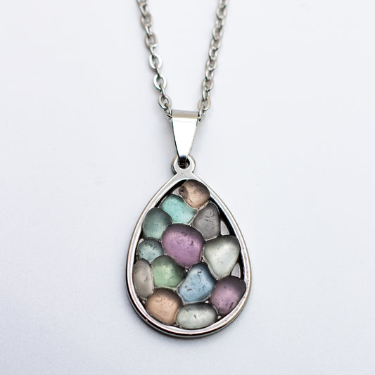 Nova Scotian Pastel Beach Glass Teardrop Mosaic Necklace – Lavender, Seafoam, Aqua, Cornflower, Grey, Amber & Teal