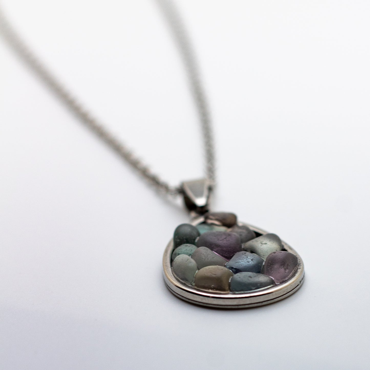 Nova Scotian Pastel Beach Glass Teardrop Mosaic Necklace – Lavender, Seafoam, Aqua, Cornflower, Grey, Amber & Teal