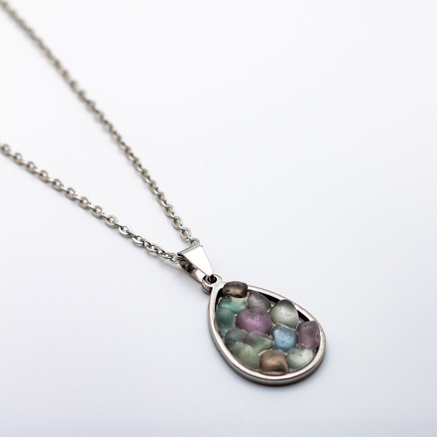 Nova Scotian Pastel Beach Glass Teardrop Mosaic Necklace – Lavender, Seafoam, Aqua, Cornflower, Grey, Amber & Teal