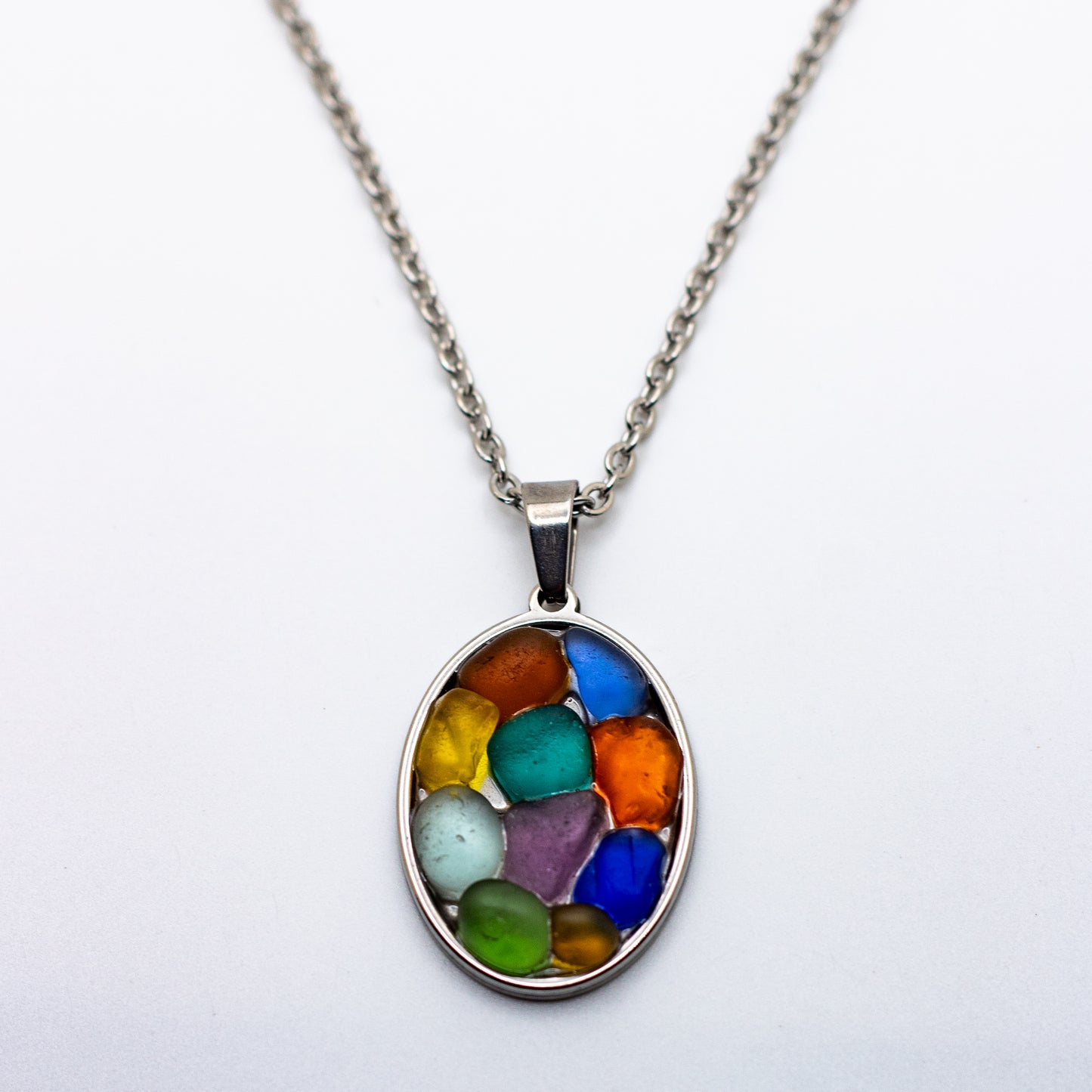 Nova Scotian Vibrant Beach Glass Oval Mosaic Necklace – Cobalt, Teal, Purple, Orange, Yellow, Amber, Green & Aqua