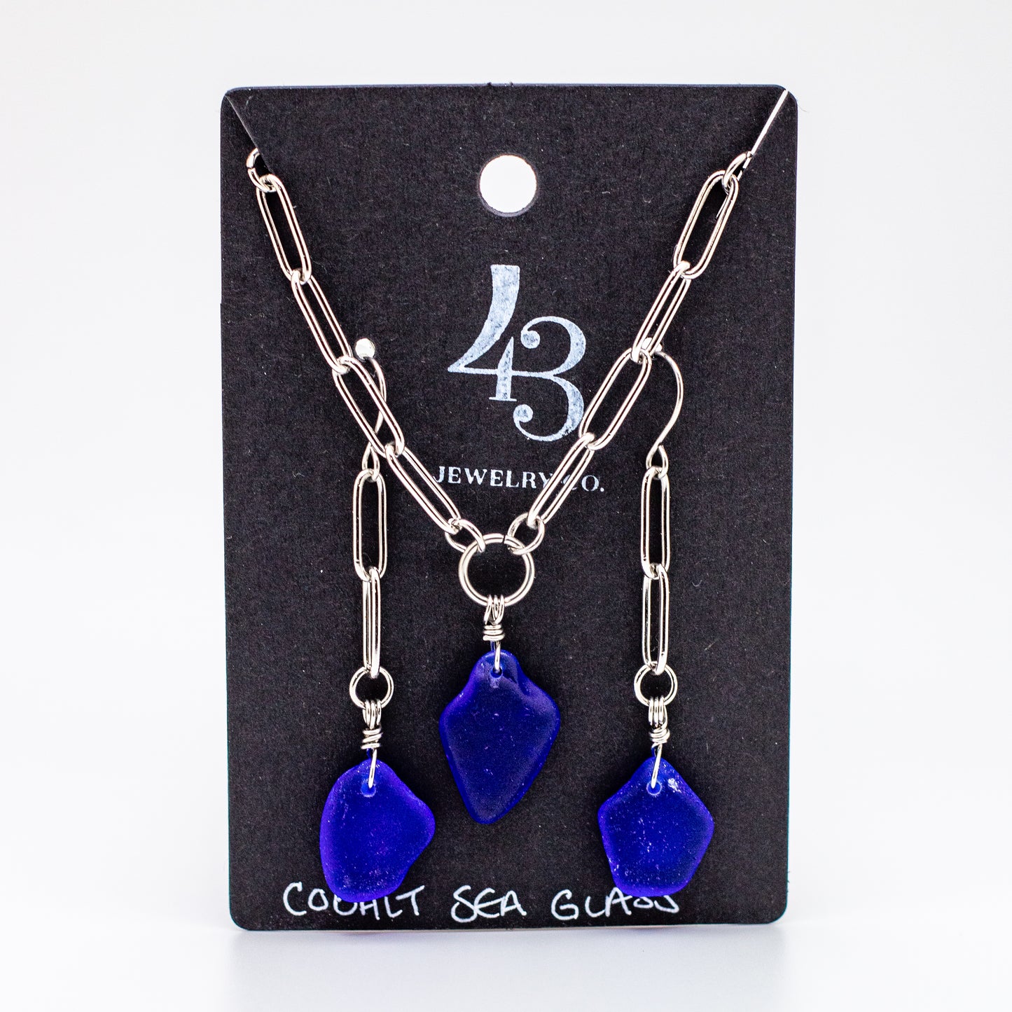 Nova Scotian Cobalt Beach Glass Necklace & Earring Set – Paperclip Chain