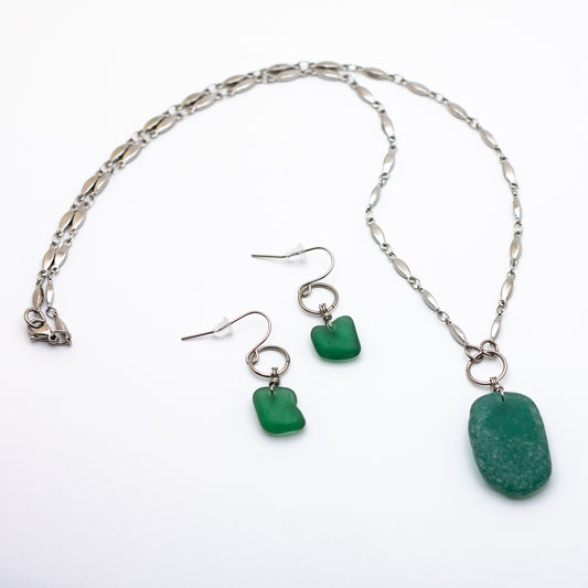 Nova Scotian Teal Beach Glass Necklace & Earring Set