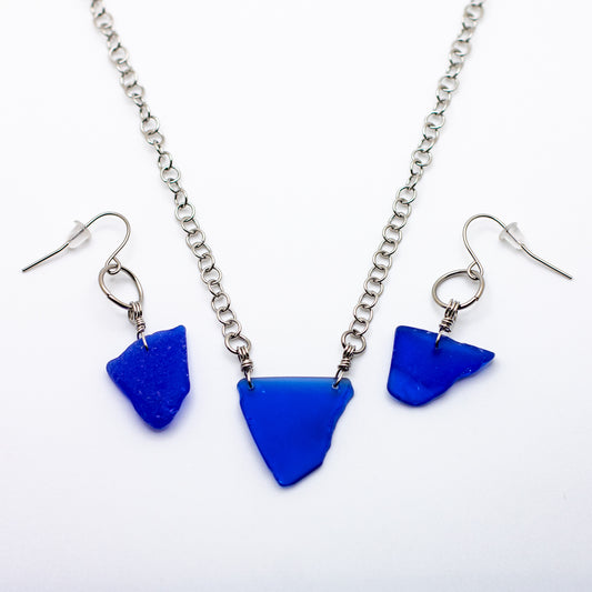 Lake Erie Cobalt Beach Glass Necklace & Earring Set – Circle Cable Chain