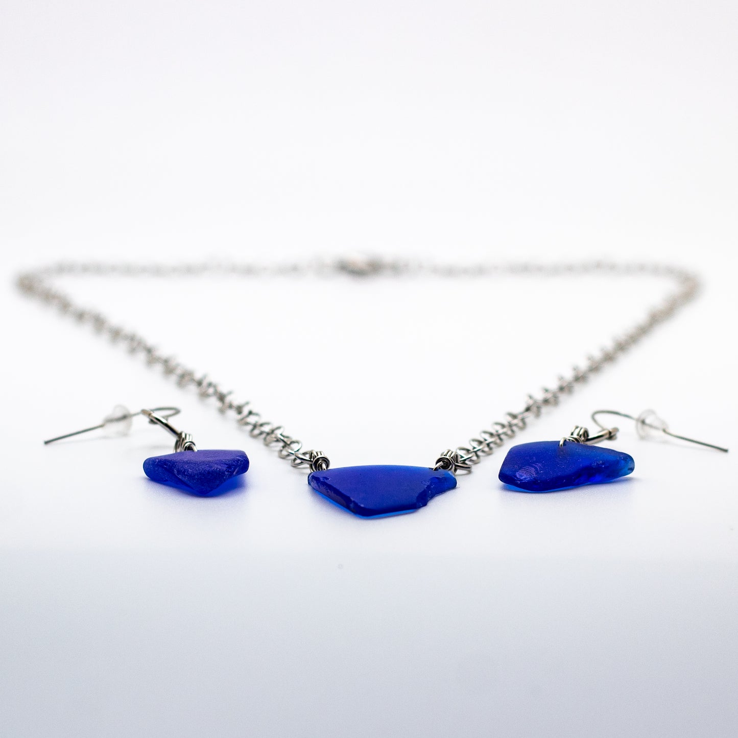 Lake Erie Cobalt Beach Glass Necklace & Earring Set – Circle Cable Chain