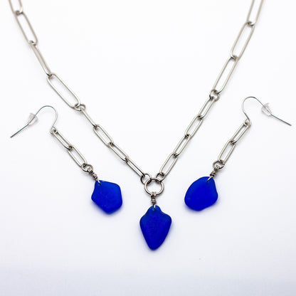 Nova Scotian Cobalt Beach Glass Necklace & Earring Set – Paperclip Chain