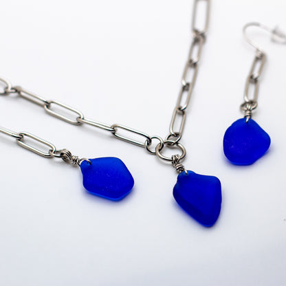 Nova Scotian Cobalt Beach Glass Necklace & Earring Set – Paperclip Chain