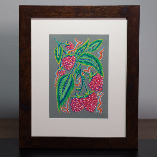 Raspberries | Original Posca Paint Marker Illustration (Framed 8x10)