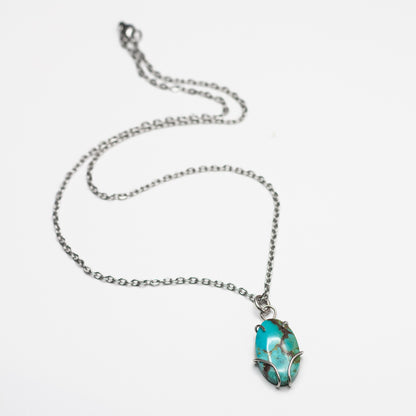 Turquoise Wire-Set Necklace (Turquoise 2) - Handcrafted Sterling Silver Pendant