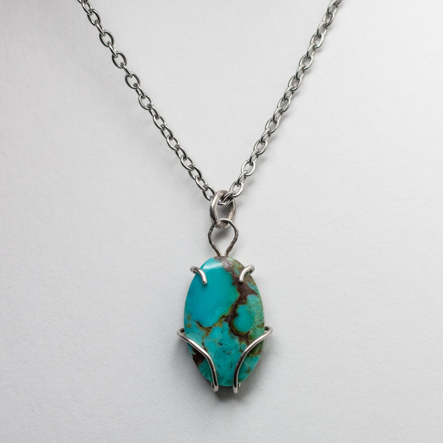 Turquoise Wire-Set Necklace (Turquoise 2) - Handcrafted Sterling Silver Pendant