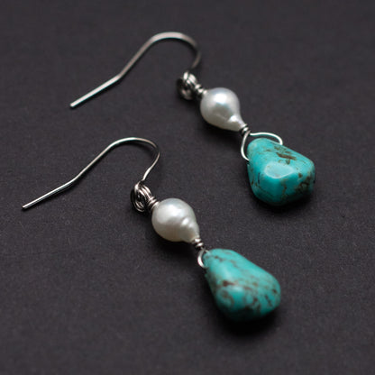 Turquoise Teardrop & Freshwater Pearl Earrings