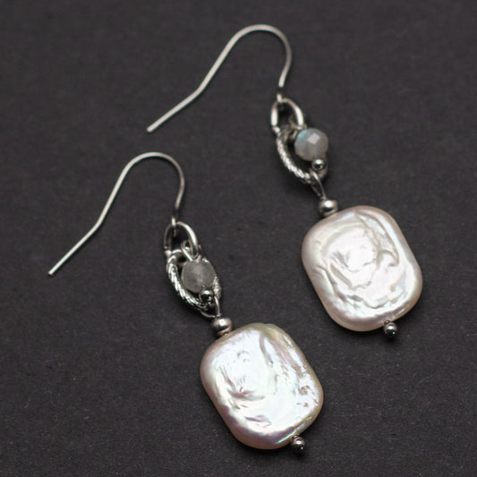 Rectangular Freshwater Pearl Earrings with Labradorite