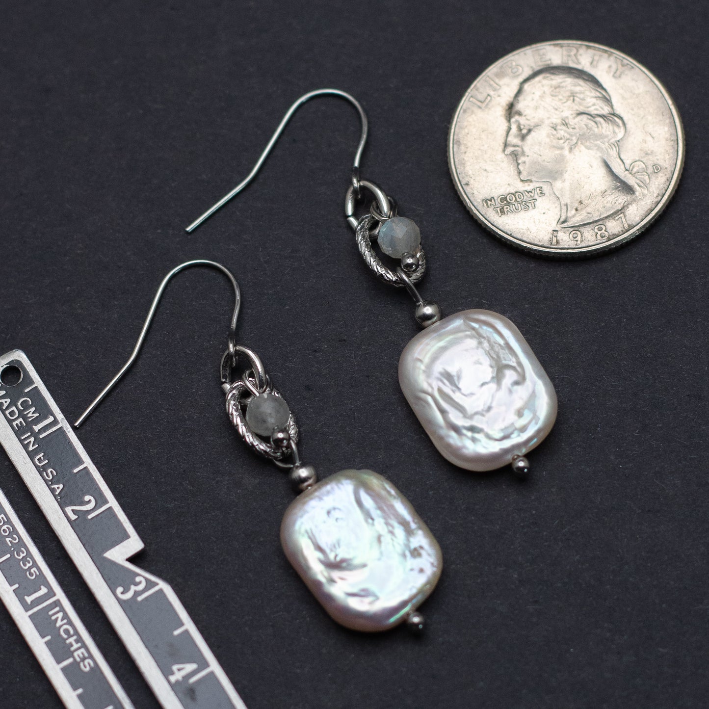 Rectangular Freshwater Pearl Earrings with Labradorite
