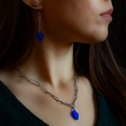 Nova Scotian Cobalt Beach Glass Necklace & Earring Set – Paperclip Chain