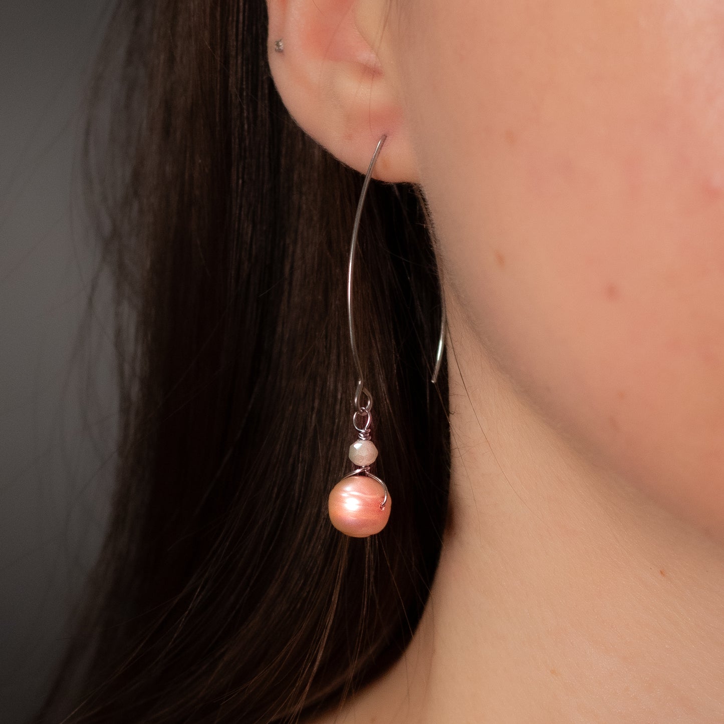 Peach Freshwater Pearl Wire Threader Earrings