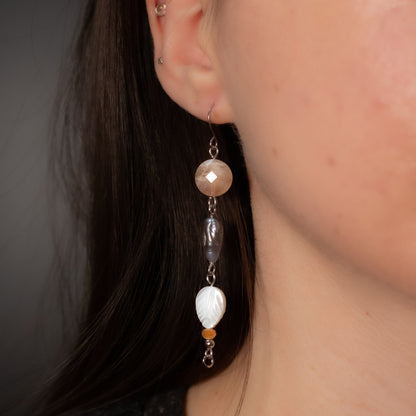 Sunstone, Lavender Keshi Pearl and Mother of Pearl Leaf Earrings