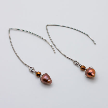 Rose Gold Freshwater Pearl and Bronzite Wire Threader Drop Earrings