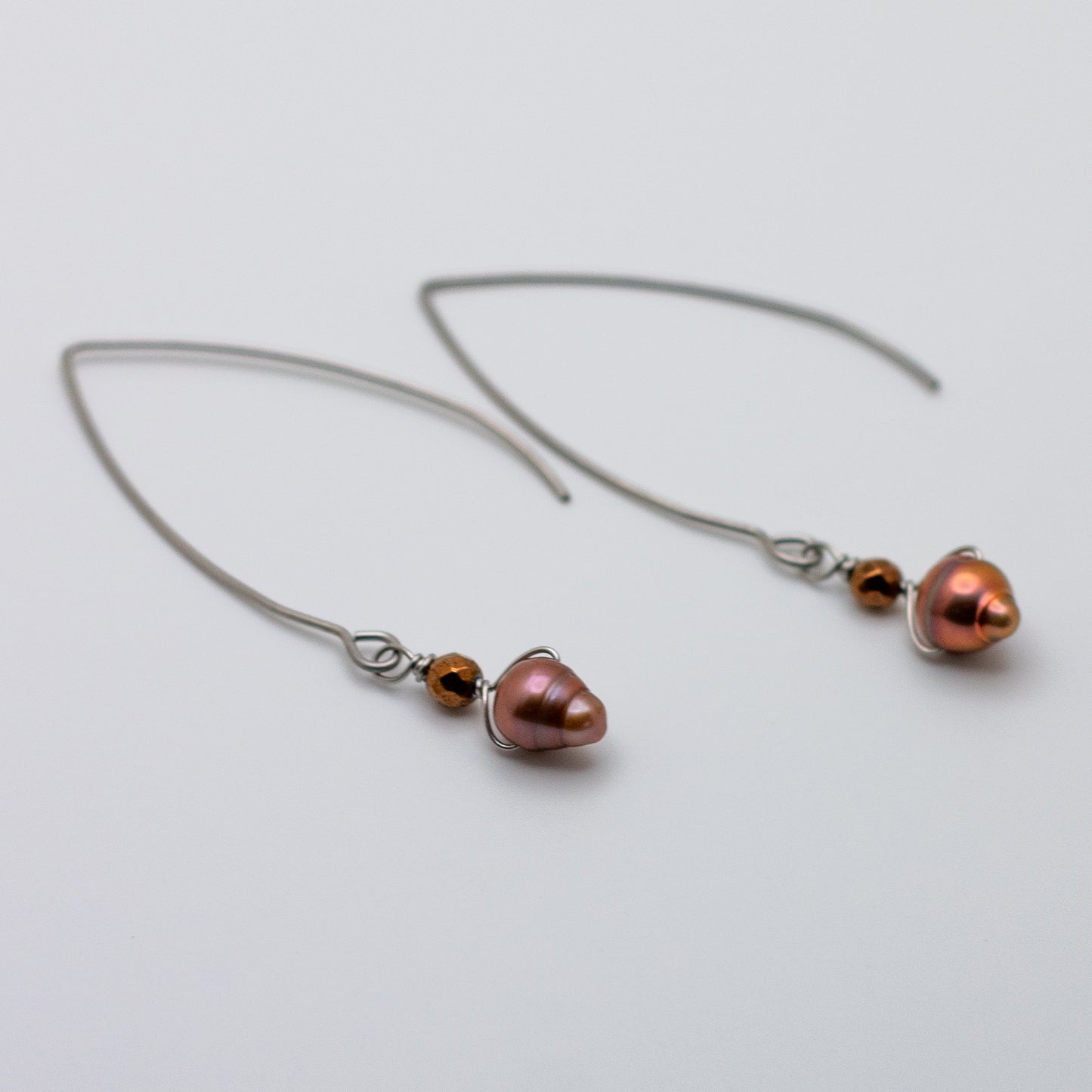 Rose Gold Freshwater Pearl and Bronzite Wire Threader Drop Earrings