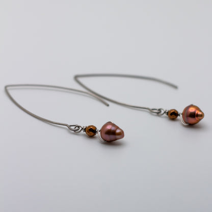 Rose Gold Freshwater Pearl and Bronzite Wire Threader Drop Earrings